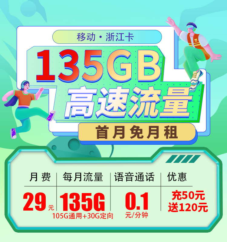 移动流量卡办理：移动浙江卡29元135G  第1张